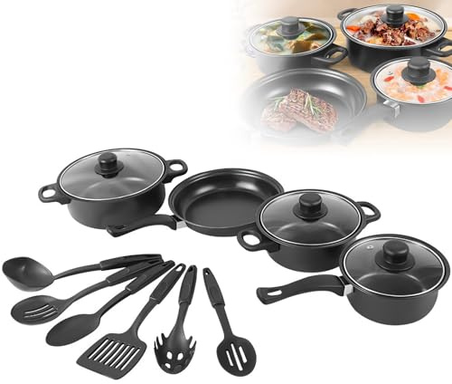 13pcs Non-Stick Pots and Pans Cookware Set, Induction Hob Pot Set, Saucepan 16/18/20 cm + Lids, Frying pan 22 cm, Non-Stick Iron pan,All Hobs Including Induction (Black)