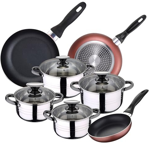 Batería de Cocina 4 cacerolas (1,9L + 2,7L + 3,5L + 5,1L) con 4 Tapas de Vidrio y 3 sartenes Ø16Ø20Ø24 en Acero Inoxidable apta para inducción