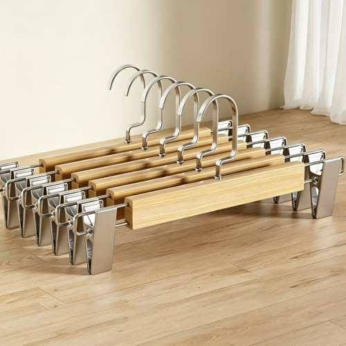 10 Stück 32cm Kleiderbügel aus Holz, Platzsparend Hosenbügel samt Klammern,Robust Rutschfester Klemmbügel Aufhänger für Hosen Shorts Röcke Socken Unterwäsche,Drehbar Haken (10, Holz)