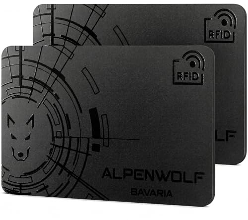 ALPENWOLF Juego de 2 tarjetas de protección RFID, bloqueador activo NFC con tecnología E-Field para proteger contra el robo de datos, tarjeta extra fina de 0,8 mm para cada cartera, protección contra