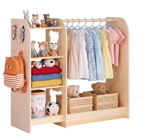 VEVOR Kids Dress Up Storage, with Mirror, Wooden Kids Dress Up Rack, Toddler Wardrobe Closet for Little Girls, Storage Armoire, Costume Organizer, Children Playroom Furniture, for Bedroom, Natural