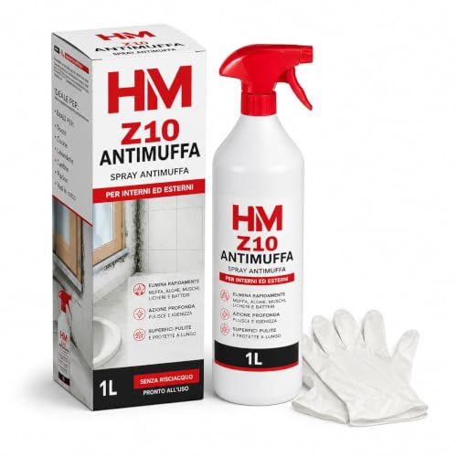 HM Spray antimoho Z10 1L para paredes interiores con 2 guantes de regalo | Elimina moho, algas, musgos y líquenes de superficies interiores y exteriores
