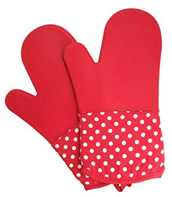 Camilife 1 Paar Professional Verdickte Hitzebeständige Ofenhandschuhe Topflappen Backhandschuhe aus Baumwolle und Silikon Hitzeschutz bis 300°C - Rot Gepunktet