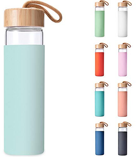 Yomious 20 Oz Borosilicate Glass Water Bottle with Bamboo Lid and Silicone Sleeve – BPA Free