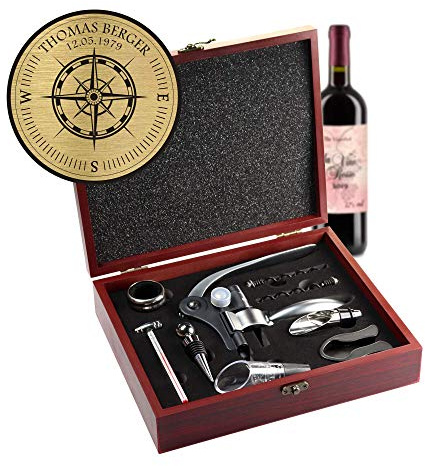 AMAVEL Sommelier Set mit 10 Wein-Accessoires, Geschenkbox aus Holz mit Plakette und Personalisierter Kompass-Gravur, Geschenkidee für Weinliebhaber