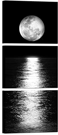Artmyharbor Full Moon Phase Canvas Wall Art Vertical Black and White Picture Moon on Sea Print Modern Bedroom Decorations Cool Apartment Decor for Men