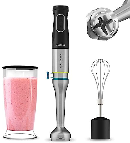Cecotec Batidora de Mano Katana 15 Cream B. 1500 W, 21 Velocidades y Turbo, 4 hojas con Titanio Negro, Campana antisalpicaduras, Pie extralargo,Varillas monta claras, Vaso 800 ml
