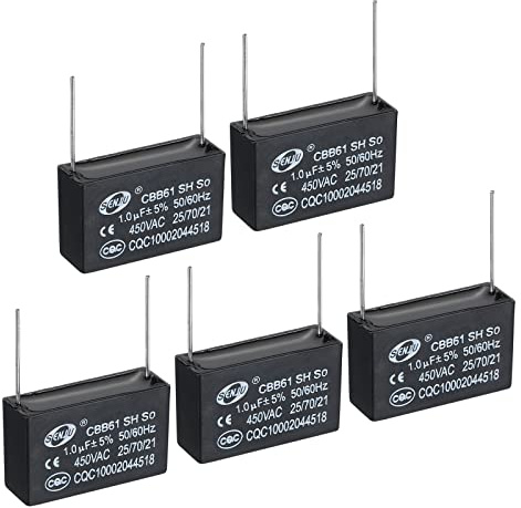 PATIKIL 5 stycken CBB61 takfläkt kondensator 1uF 450V AC 50/60HZ med 2 stift 36 x 12 x 22 mm för luftkonditionering fläktmotor stjärna löpning kondensatorer