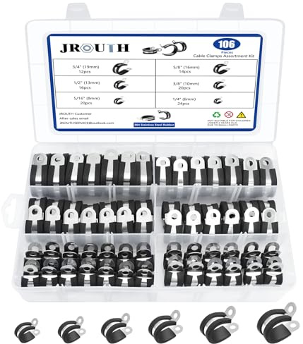 106PCS Cable Clamps Assortment Kit, (6-19mm)-304 Stainless Steel Rubber Coated Cushioned Insulated Pipe Clamp, Loop Clamp, Automotive Wire Clamps in 6 Sizes（1/4 5/16 3/8 1/2 5/8 3/4）