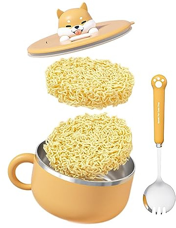 Onlynery Bol à Ramen avec Couvercle - Tasse à Nouilles Ramen en Acier Inoxydable 304 résistant à la Chaleur - Cuiseur à Ramen Anti-grancapacité, Fournitures Cuisine avec fourchettes