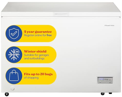 Russell Hobbs Free Standing Chest Freezer, 300 Litres, Low Noise, Garage Safe, Counterbalance Lid, Front Drain Hole, 1.8m Cord, Castor Wheels, 5 Year Registered Guarantee White, RH300CF201W