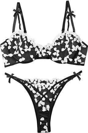 Lilosy Sexy Cute Underwire Push Up Strappy Heart Embroidered Mesh Sheer Lingerie Set for Women Bachelorette See Through Bra and Panty 2 Piece Black Medium