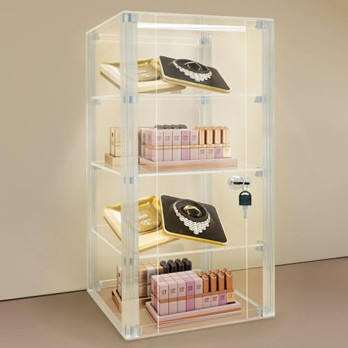NONEMEY Acrylic Display case with Lock,4 Tier Lockable Security Display Case, Dustproof Protection Countertop Organizer Box for Collectibles (4Tier 9.8×9.8×18.5inch；25×25×48cm)