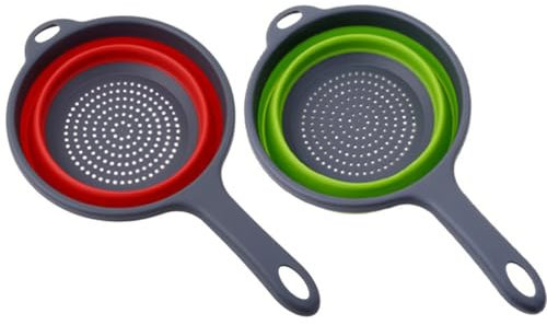 Surwin 2 Pièces Passoire Pliable avec Longue Poignée, Silicone Passoire Cuisine,Compacte Passoire Cuisine Pliable, Passoire Retractable Passoire Pates, Portable Panier de Fruits (Rouge Vert)