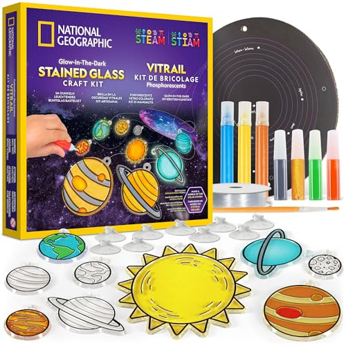 NATIONAL GEOGRAPHIC Kids Window Art Kit - Stained Glass Solar System Arts & Crafts Kit with Glow in the Dark Planets, Suncatchers, Space Room Décor