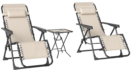 Outsunny Set de 2 Tumbonas Jardín Exterior Plegables con Mesa Auxiliar Portavasos Tumbonas de Gravedad Cero con Respaldo Ajustable Reposabrazos Extraíble para Patio Piscina Terraza Exterior Beige