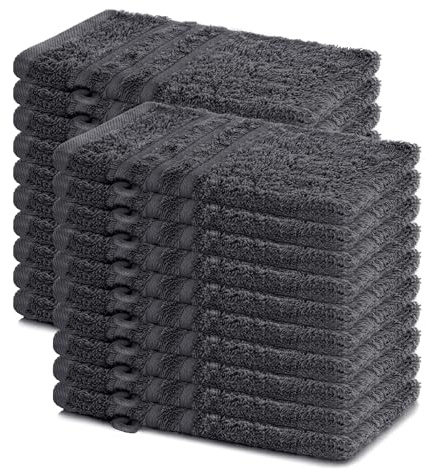 Lavea® 20 Guanti da Bagno 15x21 cm in Spugna di Cotone 100% Morbidi e Assorbenti, per Casa Hotel Spa – Manopola da Bagno con Gancetto – Antracite