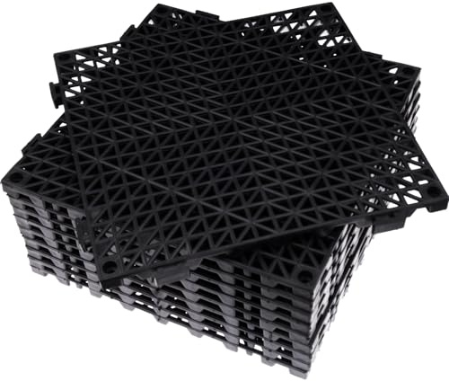 10 Pack Plastic Interlocking Floor Tiles Bulk, 30 x 30 cm, Non-Slip | Drainage Decking Mats with Holes, PVC Modular Interlocking Cushion for Patio Balcony Kitchen Swimming Pool & Bathroom, Black