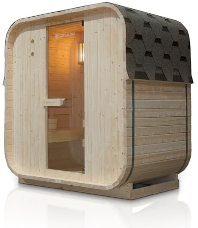 Artsauna Fasssauna Nolvik M, Outdoor-Sauna aus Fichtenholz, 3,6 kW Ofen, LED, Komplettset mit Sanduhr, Eimer & Thermometer, Winterfest, Cube Design