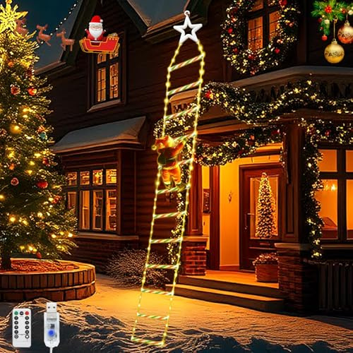Jultomtestege, ljuskedja, 3 m/9,84 fot, 240 lysdioder, julbelysning med 8 lägen, USB-driven med fjärrkontroll, 12 stegar, jultomteklätterstege för inomhus, utomhus, balkong, julgran, dekoration