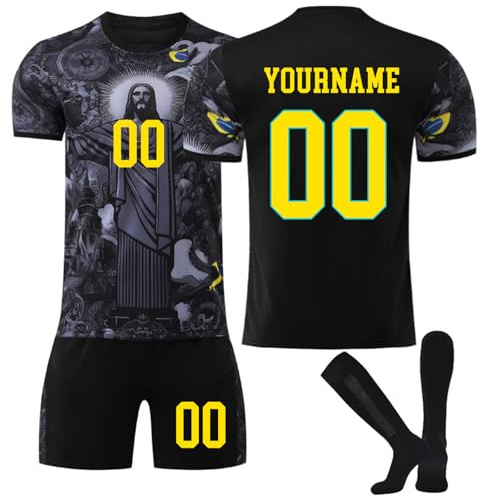 Brasil Maillot de Foot Personnalisé pour Enfant et Adultes Ensemble Foot avec Nom Numéro Maillot Football Garçon Homme Cadeau Personnalisé aux Fans de Football