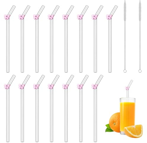 Glass Straws Drinking with Bow - 15 PCS Reusable Straws with 2 PCS Cleaning Brush, Cocktail Glass Straws for Juices,Bubble Tea,Slush