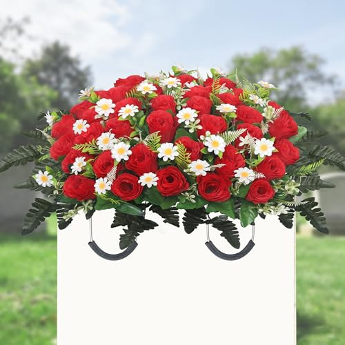 Lodou Artificial Cemetery Flower Saddle – Artificial Rose Memorial Flowers, Flower Saddles for Graves– for Headstone Decorations on Memorial Day, Christmas, Valentine’s Day ﻿ (Red)