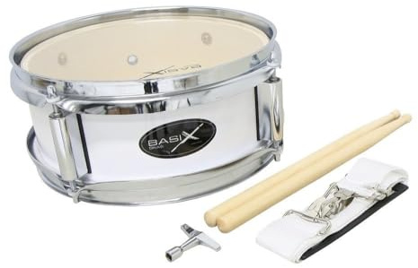 GEWA Junior Marching Drum, marschtromma 10 x 4, träkärl vit, inkl. bärrem och trumstockar