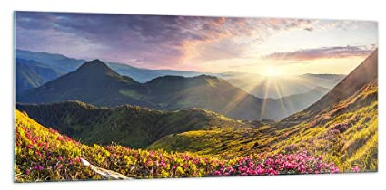 ARTTOR Glasbild 100x40cm Wandbild Glasdruck Landschaften Natur - 3152 | Gebirge Wiese Landschaft Panorama Groß Modern Dekoration Wohnzimmer Schlafzimmer Küche Wanddeko Kunstdruck Art ARTTOR