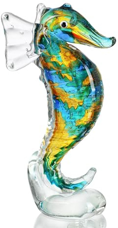 QFkris Handgefertigtes blaues Seepferdchen-Sammelkunst, Glas, geblasenes Tierfigur | Kunstglas-Skulptur mit geblasenem Tier, für Heimdekoration, Weihnachtsgeschenk