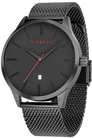 FIREFOX Herren- Armbanduhr XCHANGE analog Quarz Edelstahl Milanaise Mesh Armband Zifferblatt schwarz Datumsanzeige 5 ATM wasserdicht FFPL01-002
