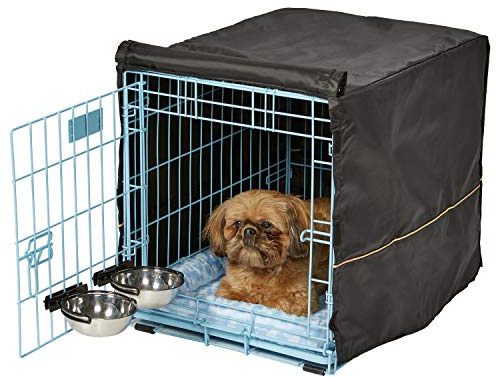 iCrate startpaket för hundlåda, 24-tums hundbur, perfekt för små hundraser (väger 5,8–11,3 kg), inkluderar hundlåda, husdjurssäng, 2 hundskålar och hundlådskydd (blå)