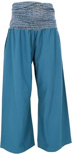 Guru-Shop, Pantaloni Larghi Marlene, Pantaloni Benessere, Pantaloni da Yoga, Pantaloni Boho con Fascia Larga in Vita, blu Orion/stampa Mantra, Cotone, Dimensione Indumenti:S (36), Pantaloni Lunghi