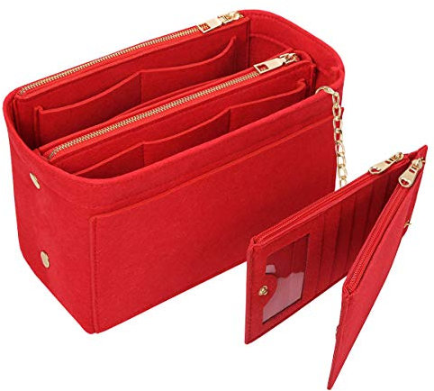 Yoillione Filz Taschenorganizer mit Kreditkartenetui, Damen Bag in Bag Handtaschen Organizer Rot Taschen Organisator mit Reißverschluss