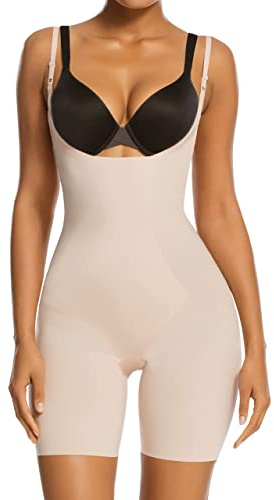 SHAPERX Fajas Colombianas Body Shaper Shapewear för kvinnor Magkontroll Öppen byst Mitt-lår Body efter operation smalare,UK-SZ2490293-Beige-XL