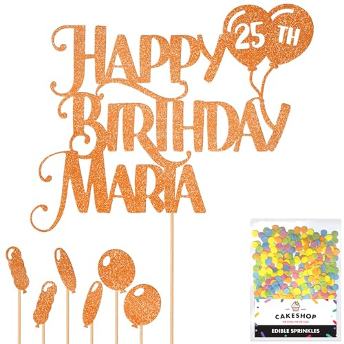 Personalised Happy Birthday Glitter Cake Topper inc Balloons - Orange Any Name & Age Glitter Cake Decoration and Sprinkles - Happy Birthday Decorations - Personalised Toppers for Cakes by Cakeshop