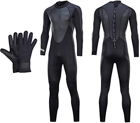 HGYJ Herren 3mm Neopren Neoprenanzug,Einteilige Langarmhose Super elastisch Tauchanzüge+3mm Neoprenhandschuhe,zum Angeln/Schnorcheln/Surfen,Schwarz,Black,XXL