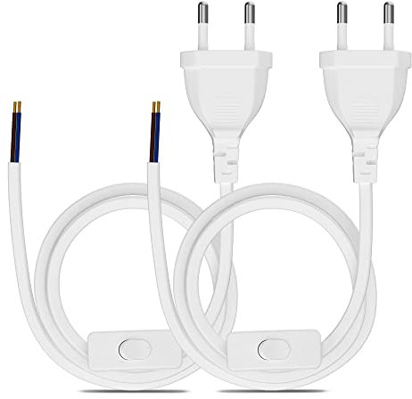 Euro Netzkabel mit Schalter [2 Stück], 3 Meter Euro Stecker Stromkabel, 2 X Ersatzkabel Anschlusskabel mit Schalter Typ C, 2 x 0,75 mm², für Leuchten, Lampen, Leuchtmittel, Weiß