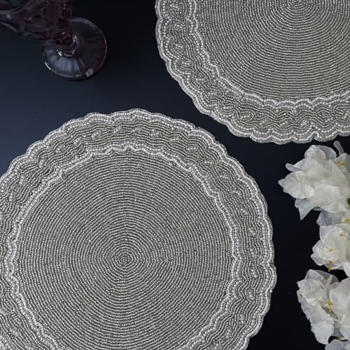 Enliven Handmade Beaded placemat, Scalloped Silver, White Bead tablemat, 14 inch, Charger Plate