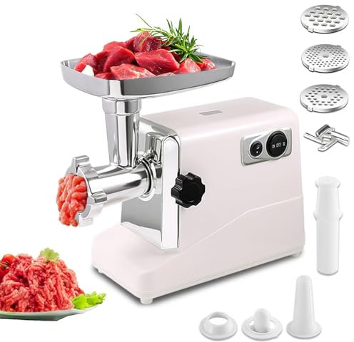 VNIMTI Meat Grinder Electric, 3500W Meat Mincer Machine, Stainless Steel Sausage Maker for Home Using with 3 Cutting Plates, Sausage Stuffer Tube & Kubbe Kit Kitchen(Classic - White)