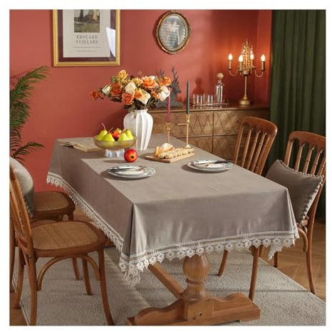 Gualiy Tischdecke Modern Wohnzimmer, Tischdecken 140x140CM Samt Tischdecken Waschbar Einfarbig mit Spitze Tischtuch für Rechteckig Tisch, Grau