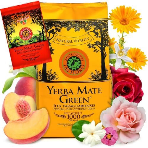 Yerba Mate Green LAS FLORES 1kg ● Brasilian pfirsiche Yerba Mate-Tee ● Jasmin ● Matetee aus Mateblättern ● Natürliche Aromen ● Yebra Mate-Tee mit Guarana 50g ● Yerba Mate Tee loose leaf 1050g ● Vegan