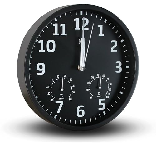 Fishtec - Horloge Murale Radiopilotée - Hygromètre Thermomètre Intégrés - Chiffres Blancs Fond Noir Haute Lisibilité - Lecture Précise Jour Nuit