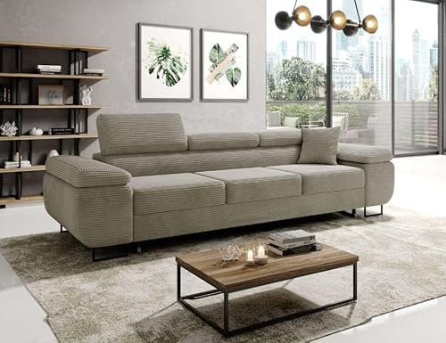 Easy4You Schlafsofa Norberg - 279 cm - Kord Beige - 3 Sitzer Sofa - Werstellbare Kopfstützen - Couch mit Schlaffunktion - Stoff: Kord Poso 02