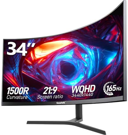 Gawfolk 34 Zoll Ultrawide Curved Gaming Monitor 165Hz, 1500R PC Bildschirm UWQHD 3440x1440 mit Höhenverstellung, Gebogenes Computerbildschirm unterstützt VESA 75 x 75 mm
