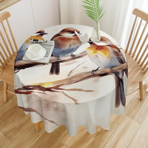 Tischdecke, Motiv: Vögel ruhen auf einem Ast, wasserdicht, knitterfrei, runde Tischdecke, 127 x 127 cm, waschbar, Tischdecke für drinnen und draußen, Küche, Esszimmer, Urlaub, dekorativ, 152,4 cm
