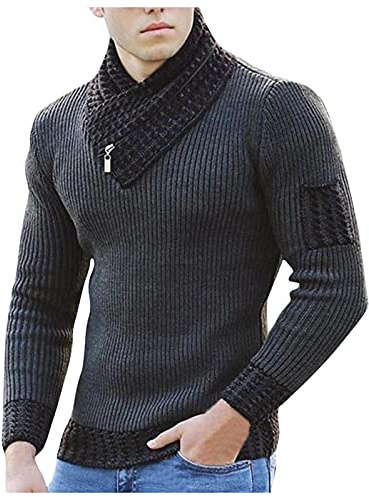 Maglione da uomo a maglia con collo sciallato, slim fit, invernale, estivo, moderno, da uomo, colore nero, a maniche lunghe, con colletto, da uomo, con cappuccio, collo sciallato, maglione invernale