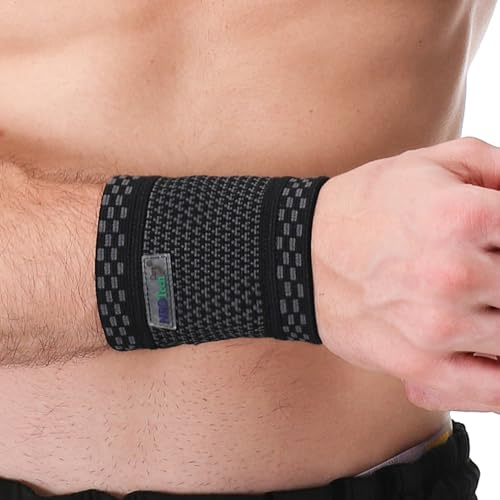 NEOtech Care - Fascia di supporto per polso - tessuto a maglia in fibra di bambù - Elastico e traspirante - Uomo, Donna, Destra o Sinistra (Nero, M, 1 Pezzo)