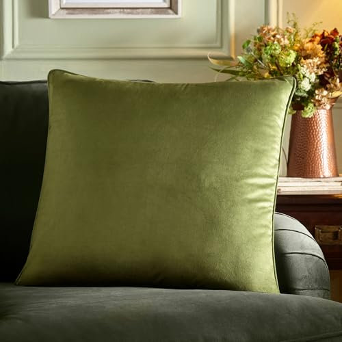 Appletree Velvet Cushion – Olive Green Large Decorative Pillow – 55 x 55cm Soft Touch with Filling – Piped Edge Cushion for Sofa, Bed & Home Decor – Cotton Velvet Cover Included