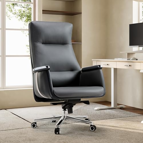 EUREKA ERGONOMIC Hochlehner Bürostuhl, Executive Drehstuhl mit Extra Breitem Sitz, Ergonomischer Schreibtischstuhl Leder für das Home Office, maximal 136 KG, Eisengrau